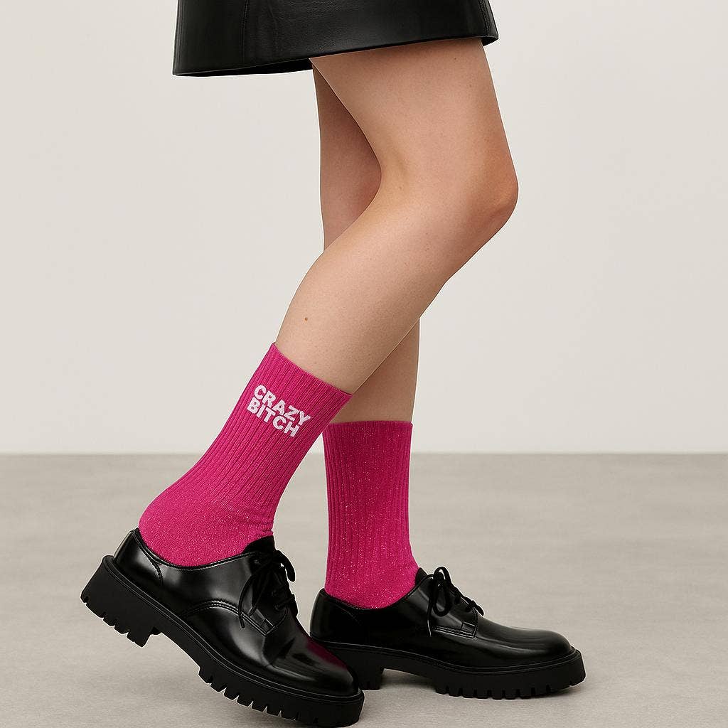 Chaussettes à Paillettes à Message "Crazy Bitch" Fuschia