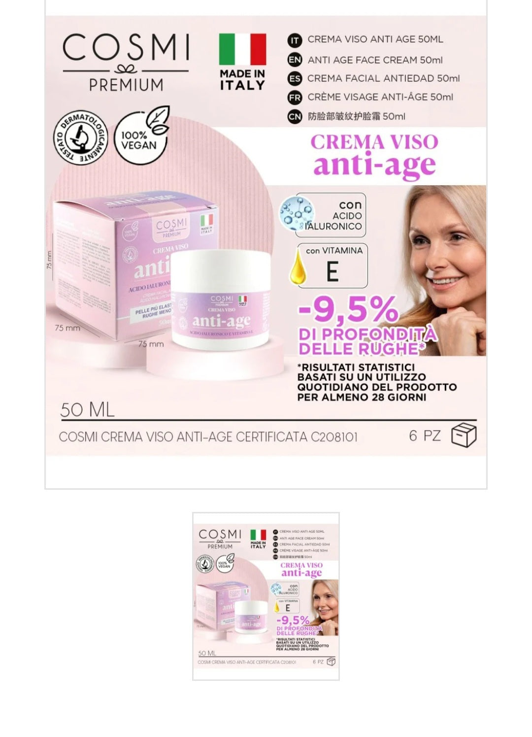 CREME VISAGE ANTI-AGE ACIDE HYALURONIQUE ET VITAMINE E COSMI PREMIUM 50ML