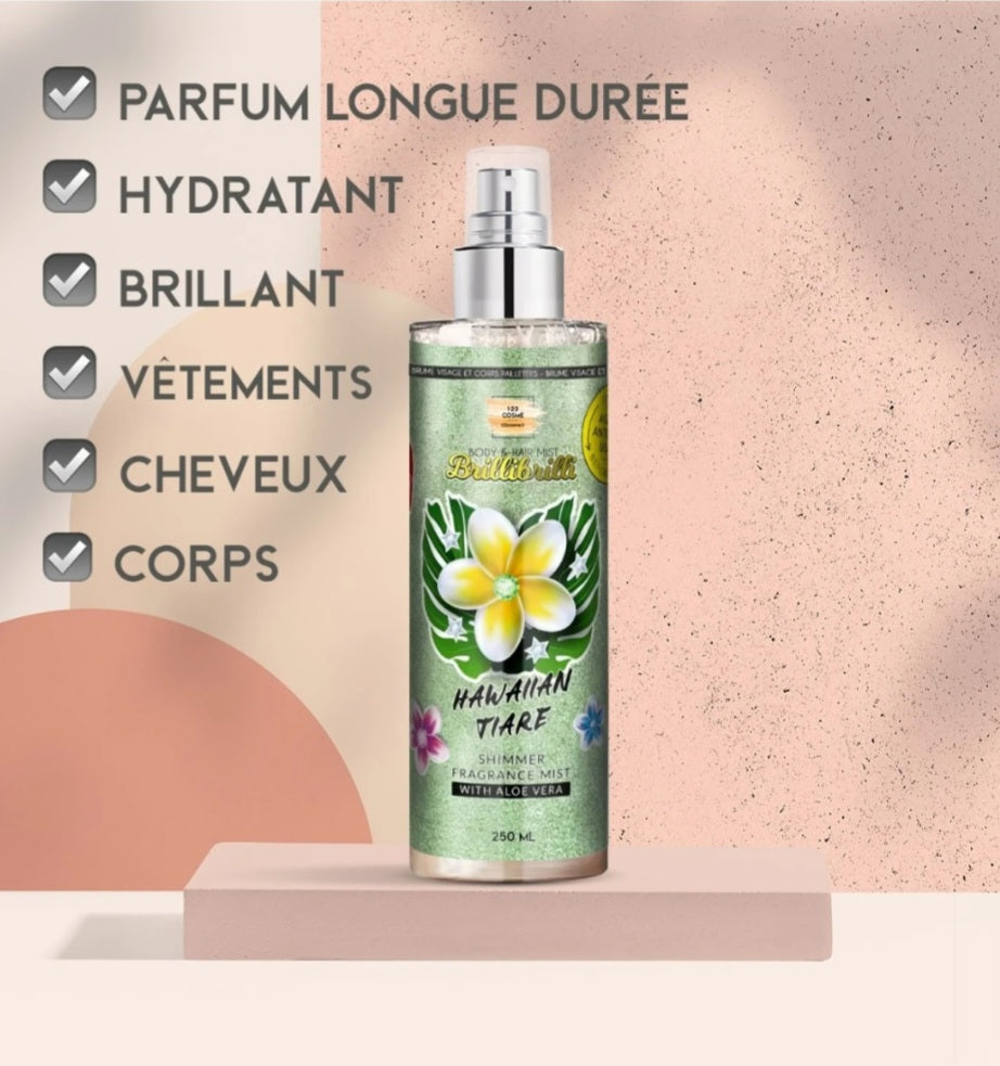 Brume parfumée et pailletée corps et cheveux “Fleur de thiaré” – Prady