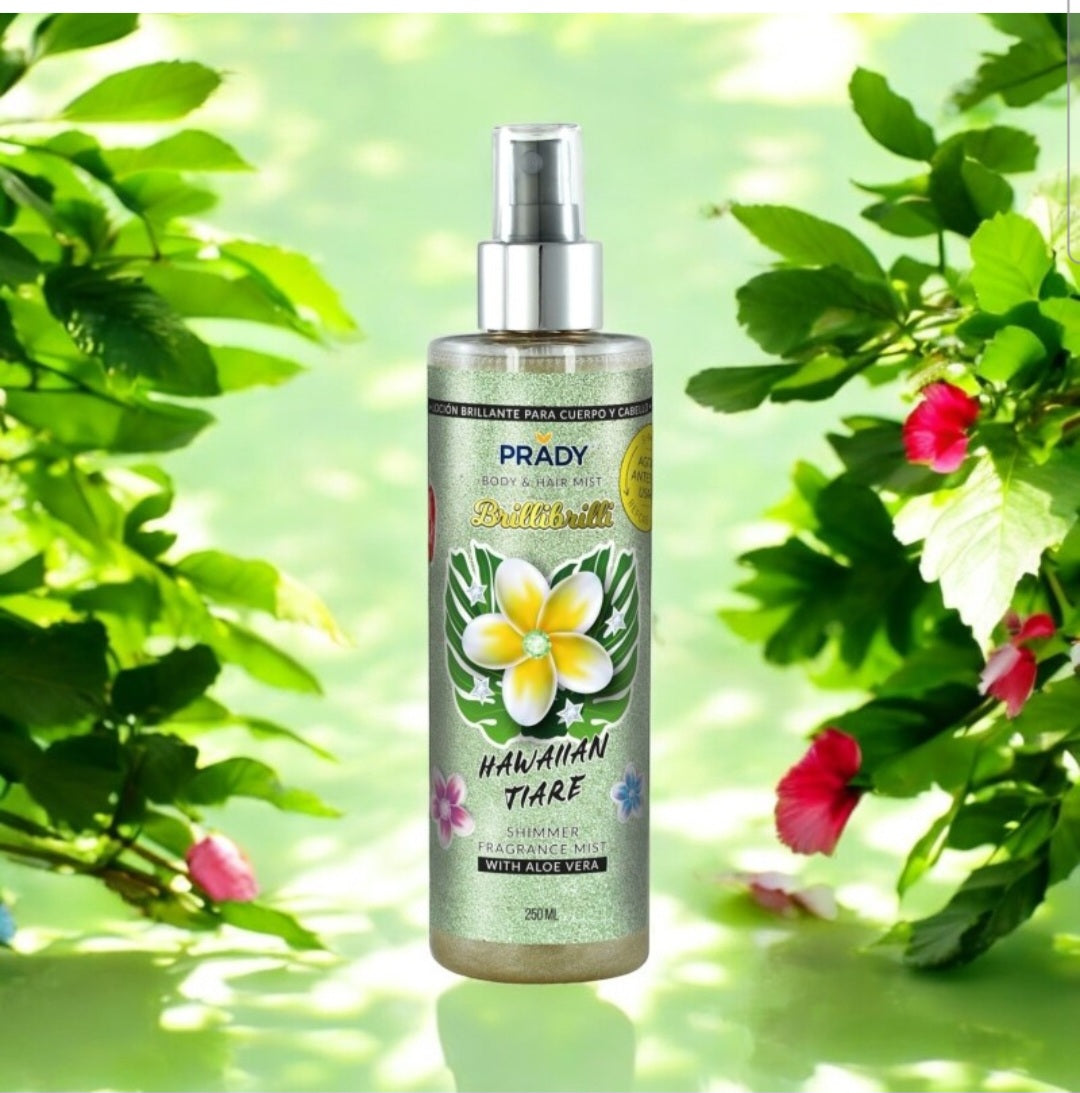 Brume parfumée et pailletée corps et cheveux “Fleur de thiaré” – Prady